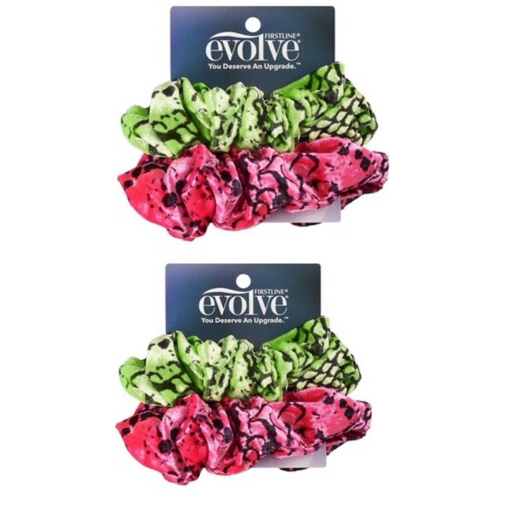Lot of 2 Firstline Evolve Hair Accessories 2 Pack Scrunchie Green & Pink Leopard